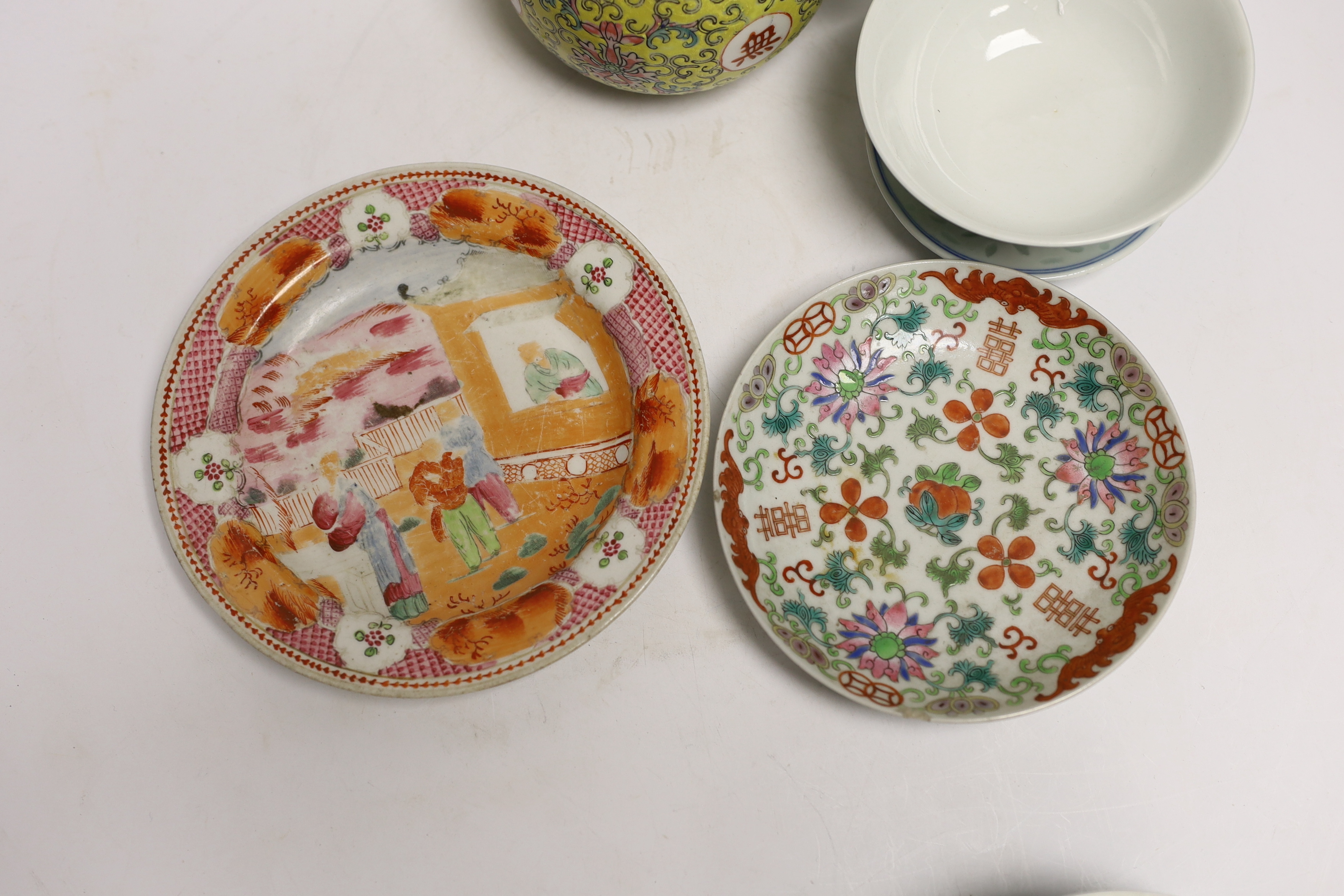 Six Chinese ceramic items; a teapot, two bowls and three small dishes, teapot 10cm